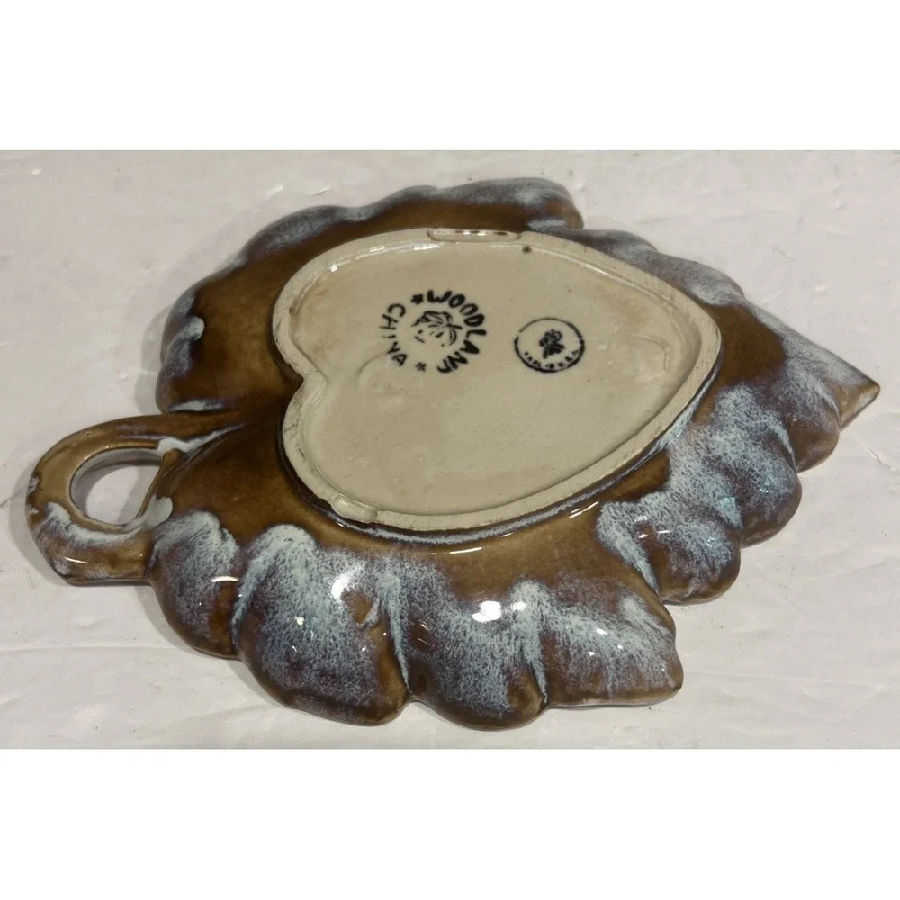 Vintage Woodland Drip Glaze Art Pottery Leaf Serving‎ Tray Trinket White Brown
